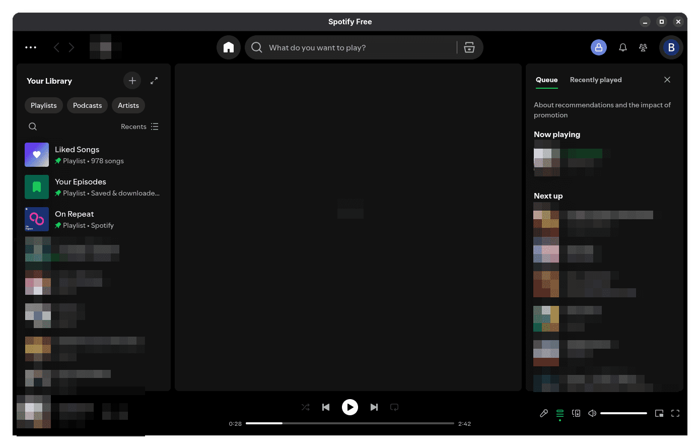 Screenshot of the Spotify app with the normal, good looking titlebar on Gnome