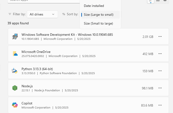 Screenshot of installed applications on a Windows operating system.