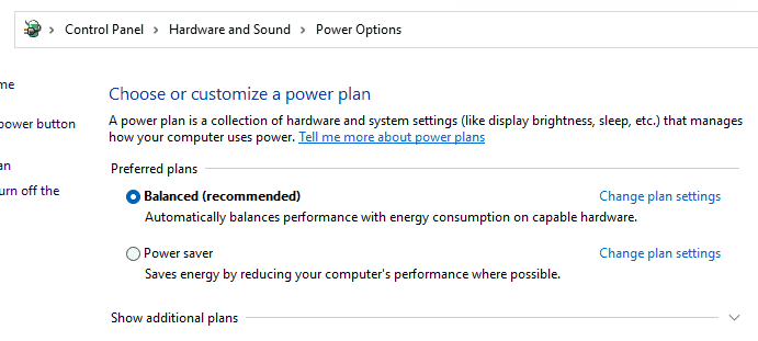 Windows Power Options: Balanced and Power Saver plan choices.