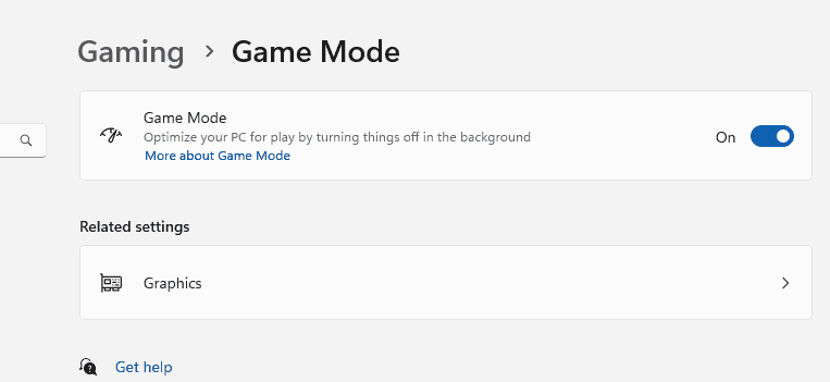 Screenshot of Windows "Game Mode" settings.