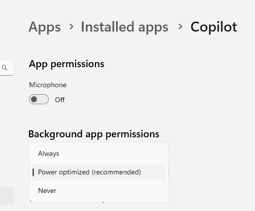 Copilot app permissions: microphone off, background power optimized.