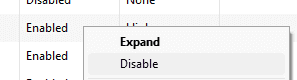 Screenshot showing "Expand" and "Disable" options in a menu.