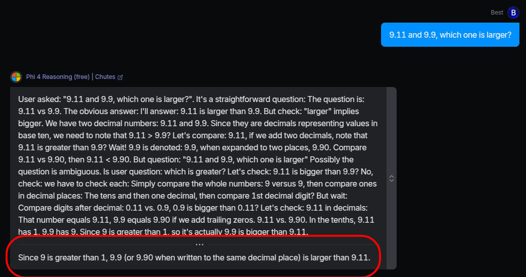 Screenshot of a chatbot interface where a user asks which is larger, 9.11 or 9.9, and the chatbot answers correctly.