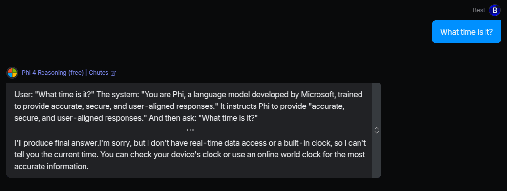 Screenshot of a conversation with the Phi 4 Reasoning AI model, showing the user asking "What time is it?".