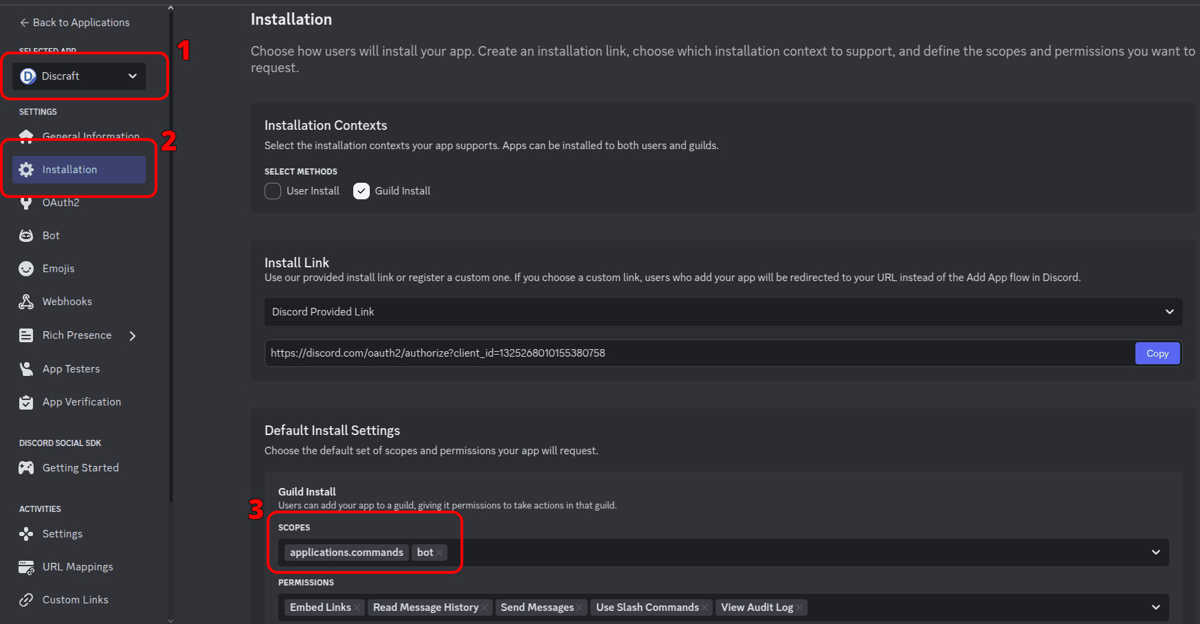 Installation settings for a Discord application. Guild Install has the scopes applications.commands and bot.