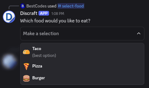 Discord food selection menu with taco, pizza, and burger.