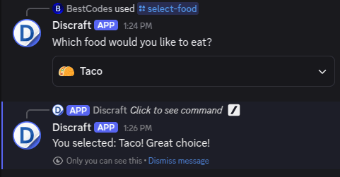 Discord chatbot food selection menu, user selects "Taco".