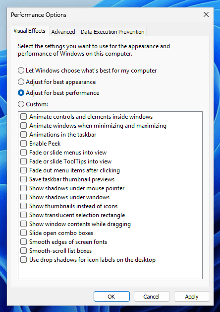 Windows performance options: Visual Effects, "Adjust for best performance" selected.