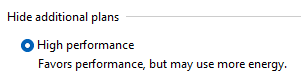 Screenshot of Windows power plan settings: high performance selected.