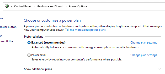 Windows Power Options: Balanced and Power Saver plan choices.