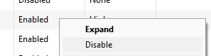 Screenshot showing "Expand" and "Disable" options in a menu.
