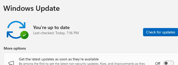 Windows Update showing that the system is up to date.