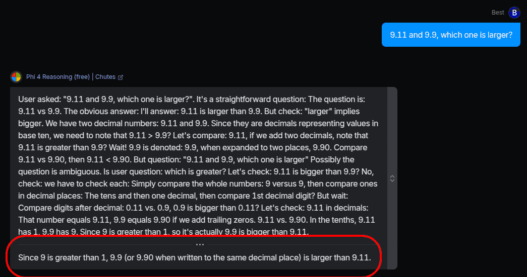 Screenshot of a chatbot interface where a user asks which is larger, 9.11 or 9.9, and the chatbot answers correctly.