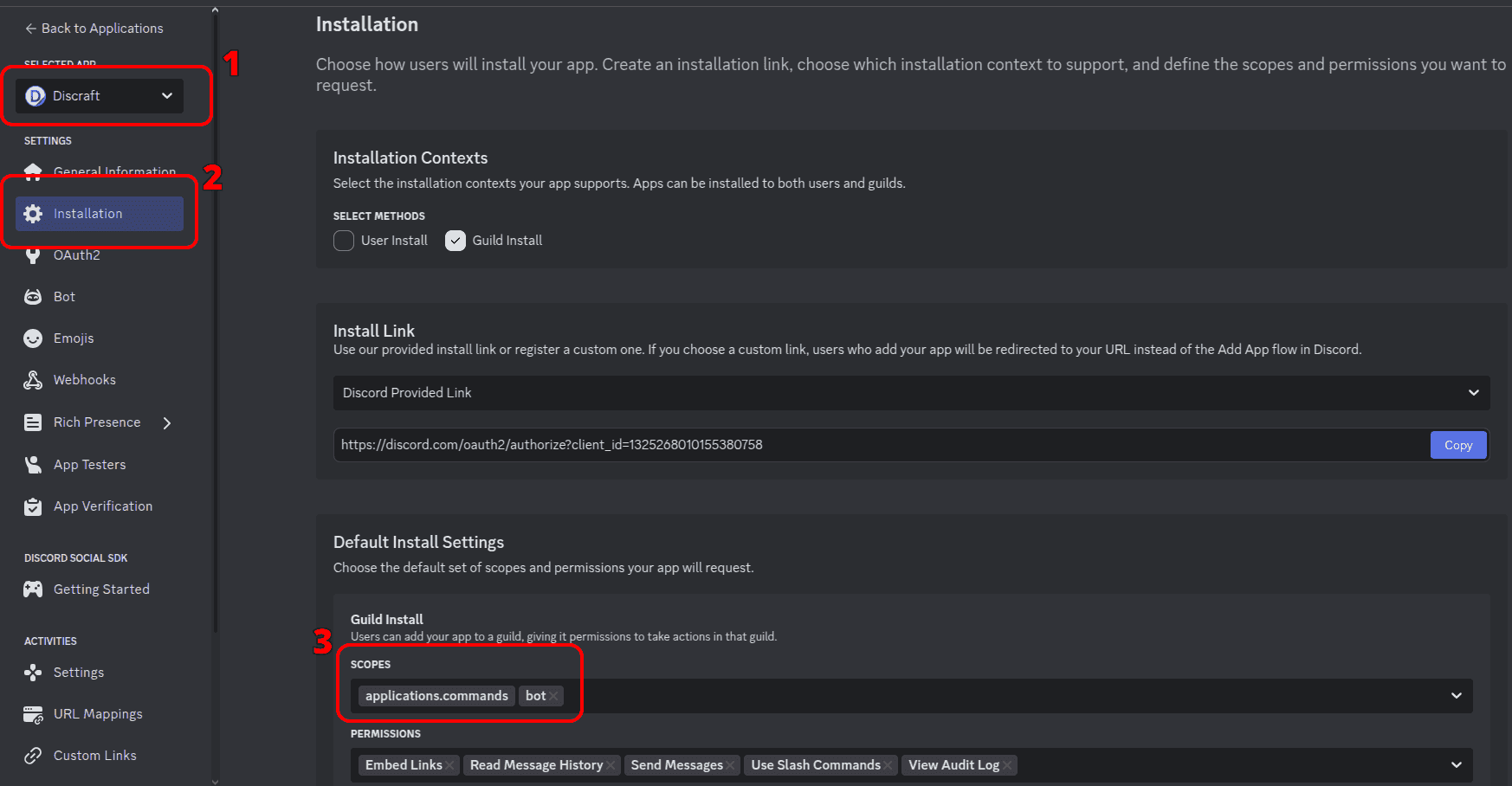Installation settings for a Discord application. Guild Install has the scopes applications.commands and bot.