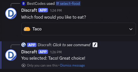 Discord chatbot food selection menu, user selects "Taco".