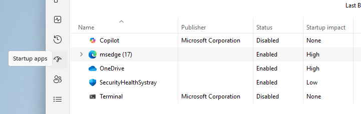 Task Manager > Startup Tab